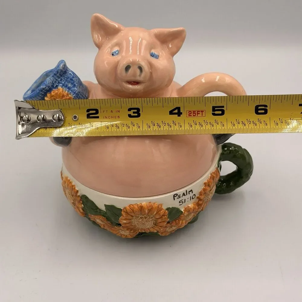 Vintage Ceramic Stacking Pig Teapot Mug Set Sunflower Psalm 51:10 Signed 1999